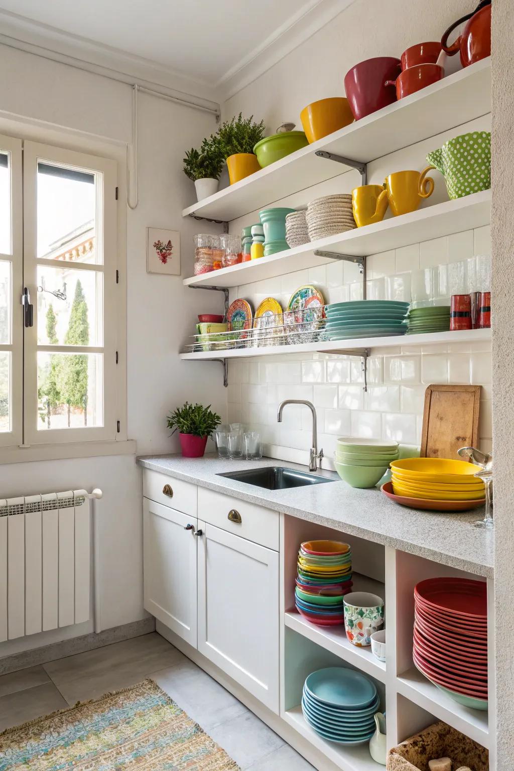 Open shelving brings style and practicality together in a small cooking space.