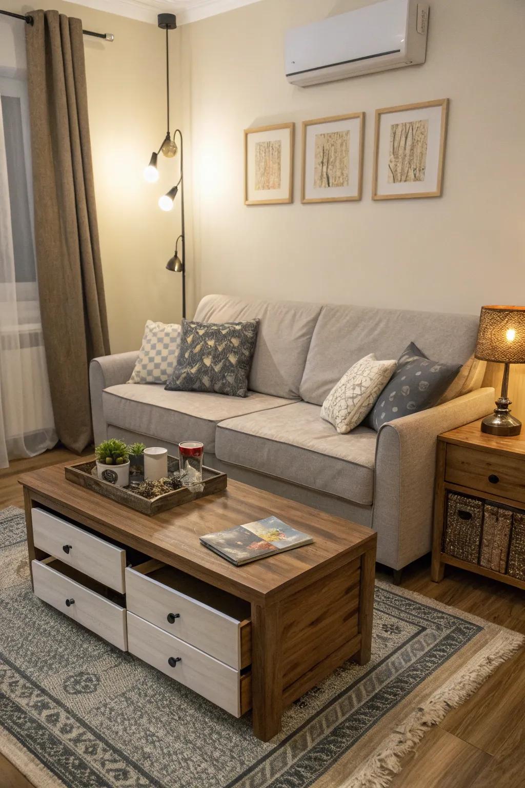 A stylish small living room using multi-functional furniture like a sofa bed and a coffee table with storage.