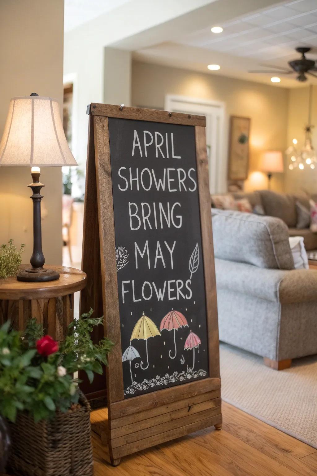 Spring showers artwork featuring umbrellas and raindrops.