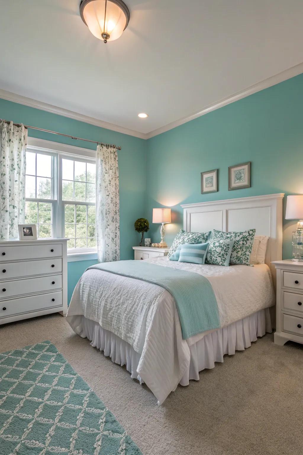 Ocean breeze blue walls design a tranquil bedroom vibe.