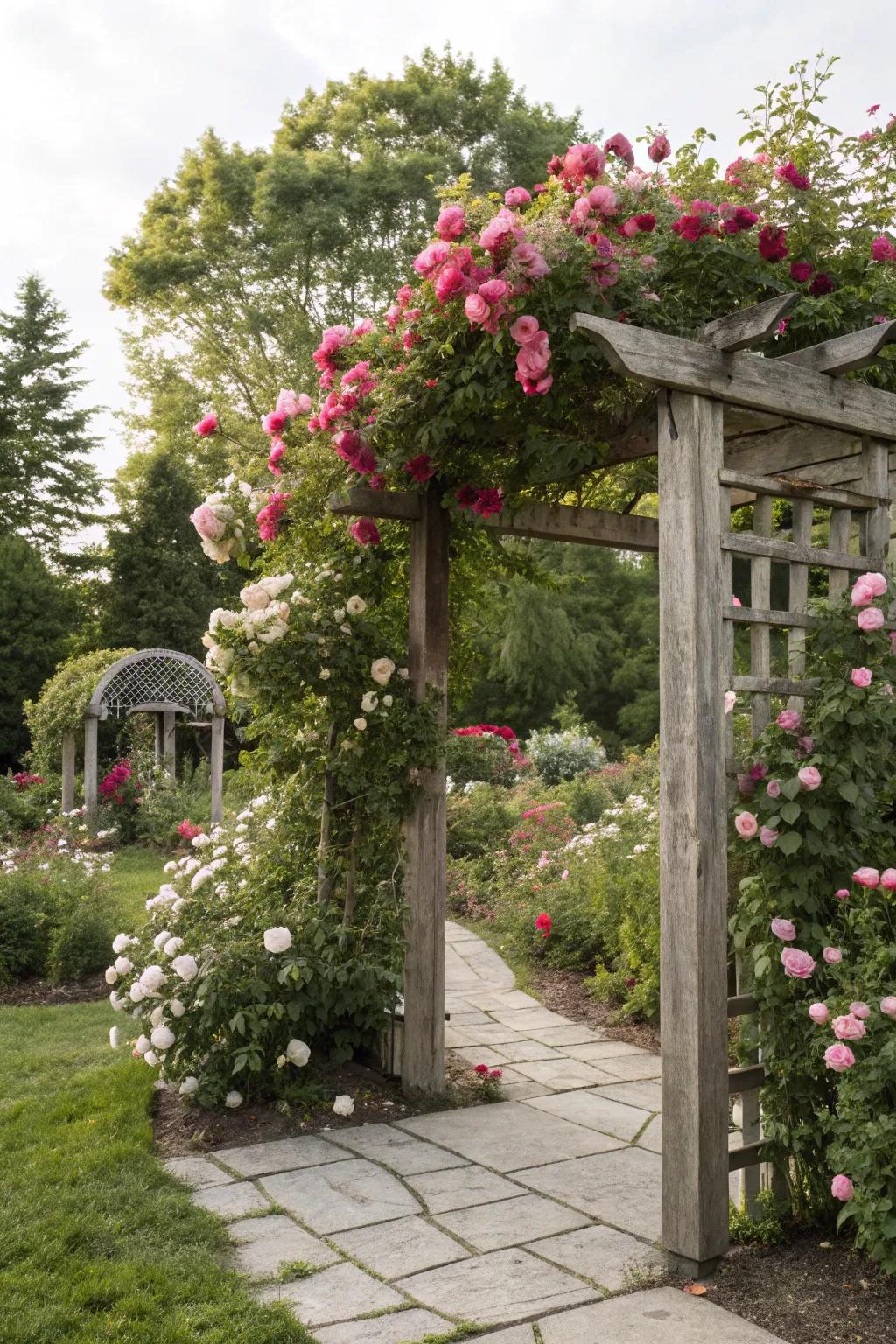 A classic wooden arbor enveloped in brilliant climbing roses.