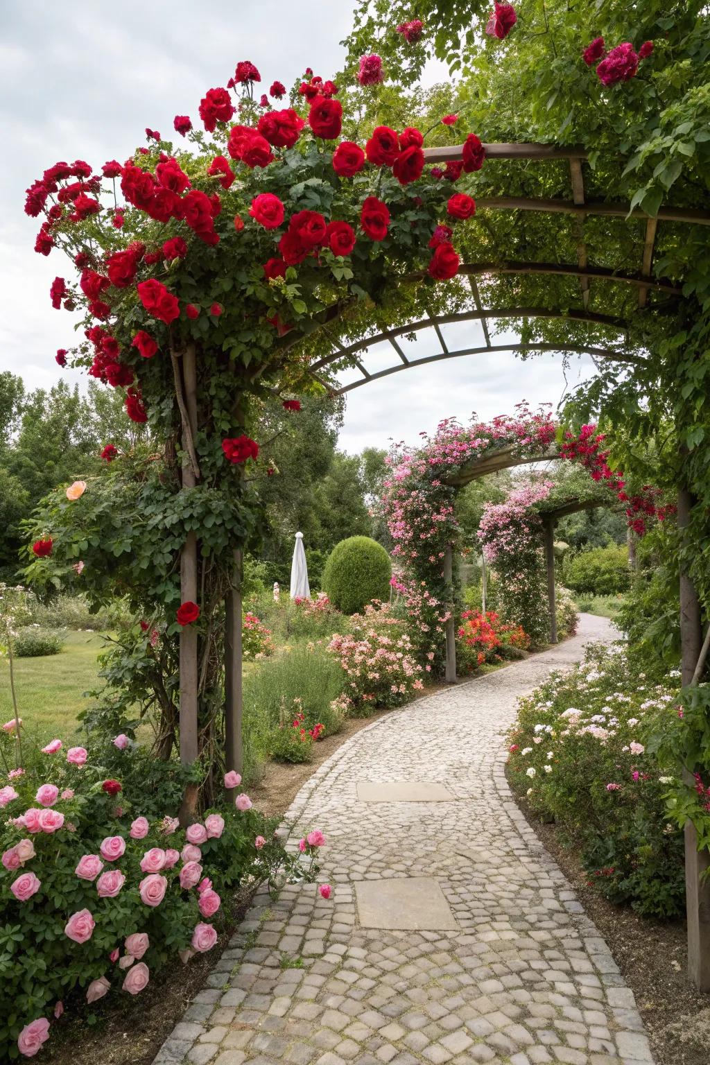 A rose-covered arbor offers a dreamy, romantic entrance to the garden.