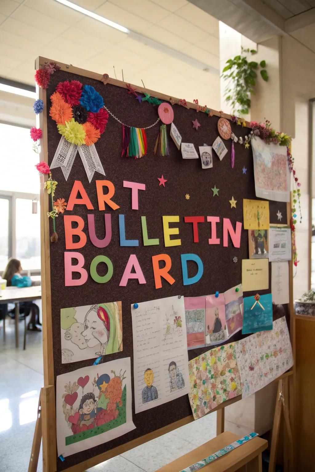 A welcoming art bulletin board with colorful letters and decorations.