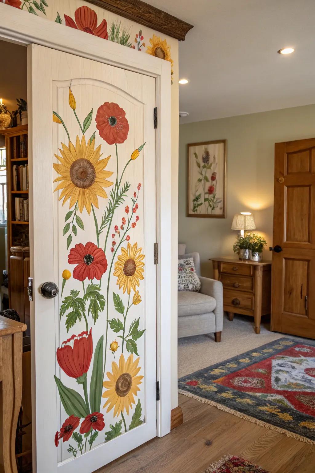 A door converted into a floral spectacle adorned with energetic sunflowers and poppies.