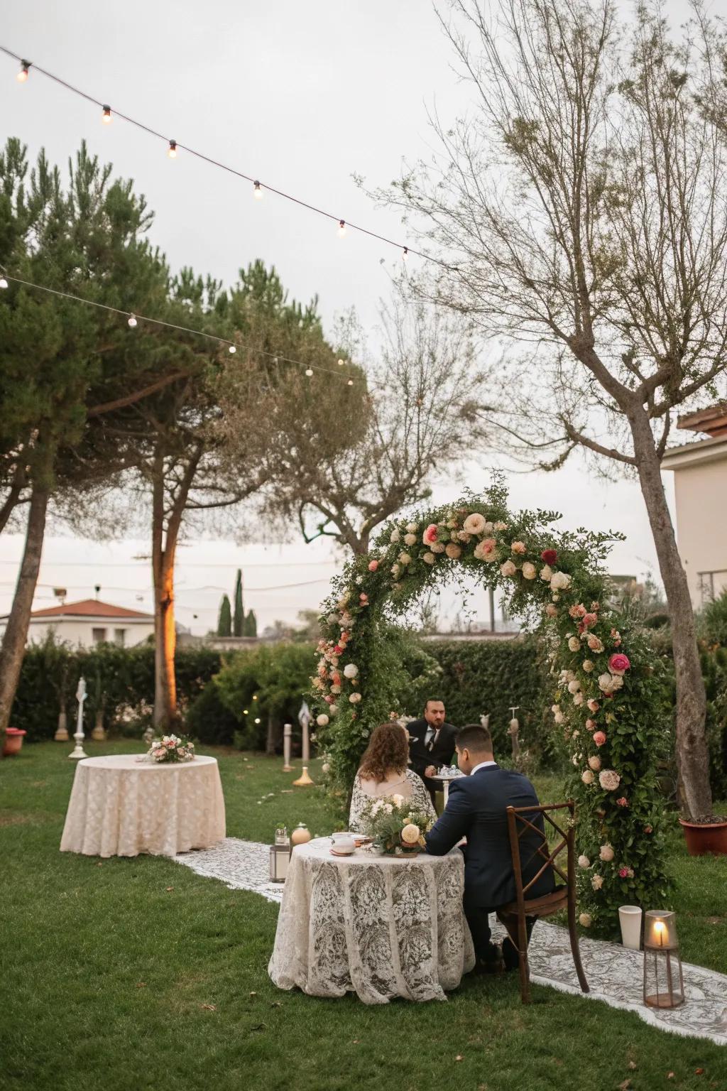 A backyard turned into a wedding spot with natural features.