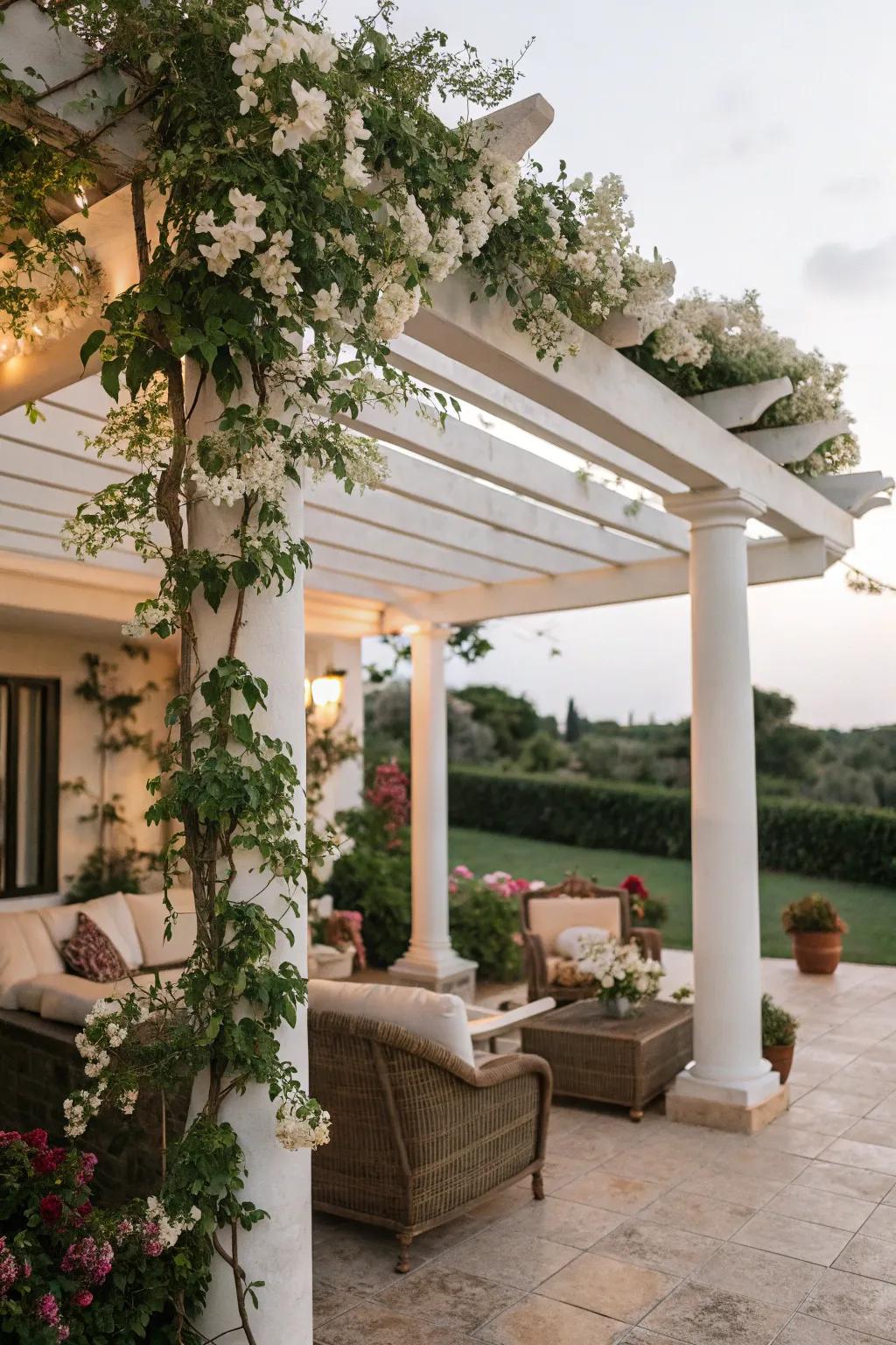 A covered patio with a shade structure creates a peaceful outdoor escape.
