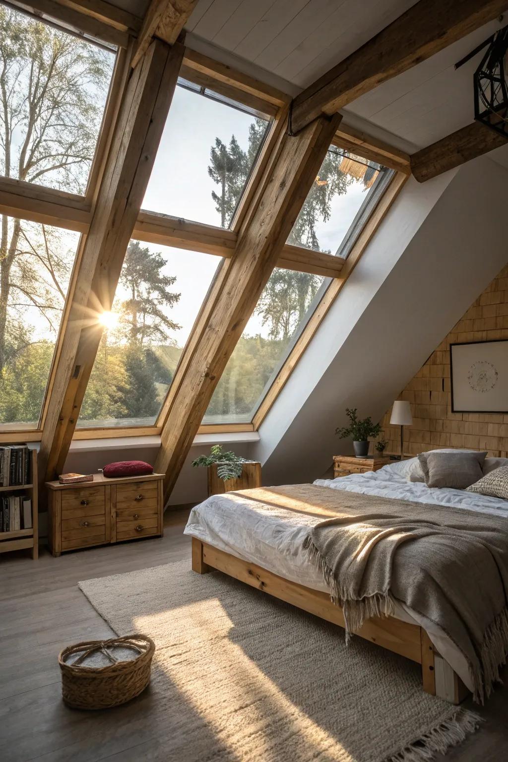 Illuminate your attic bedroom with the warmth of natural light through skylights.