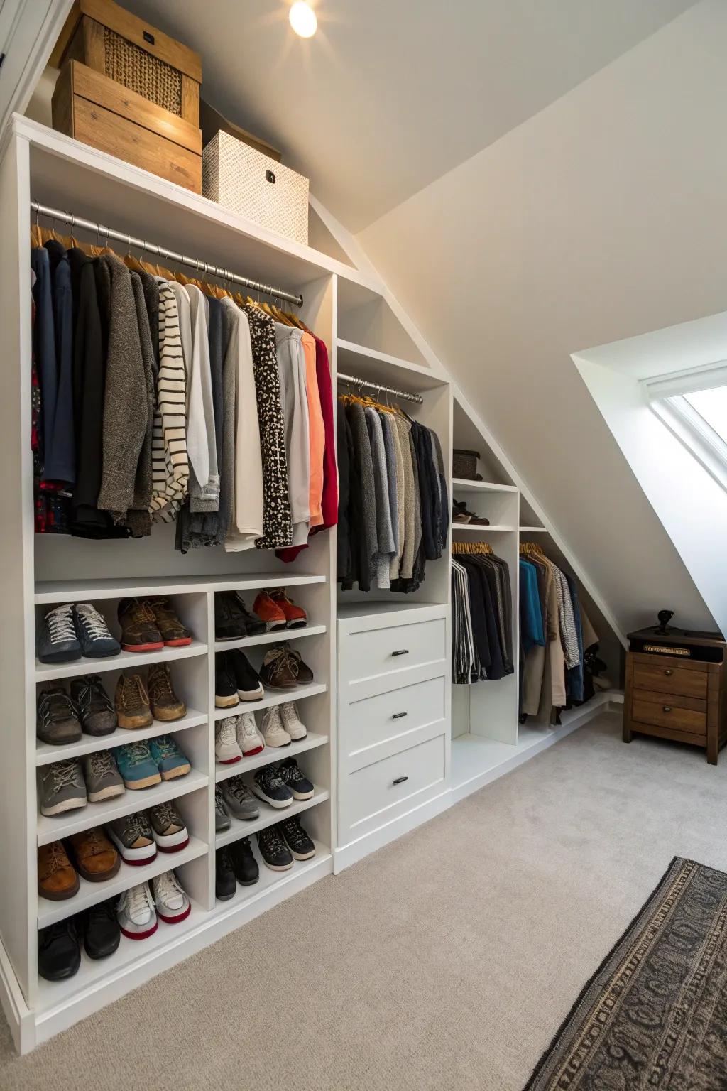 Custom shelving uses every possible inch under the sloping ceiling.