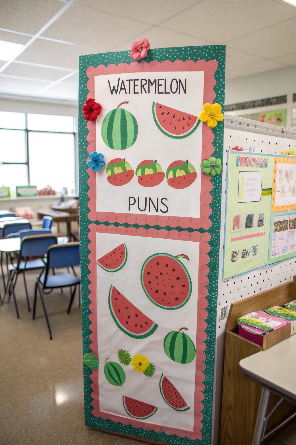 A watermelon-themed bulletin board that keeps the summer fun going.