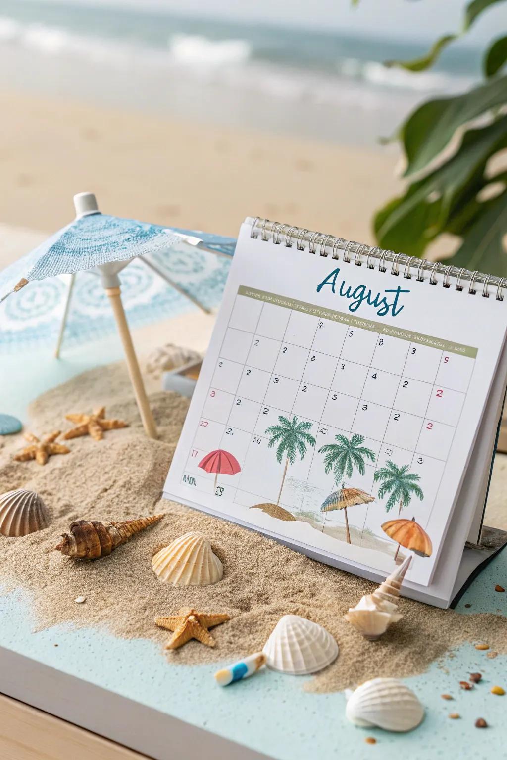 Evoke beach sensations on your calendar with shell and palm designs.