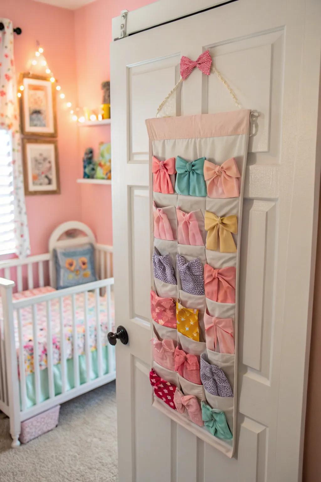 Maximizing space using hanging organizers for baby bows.