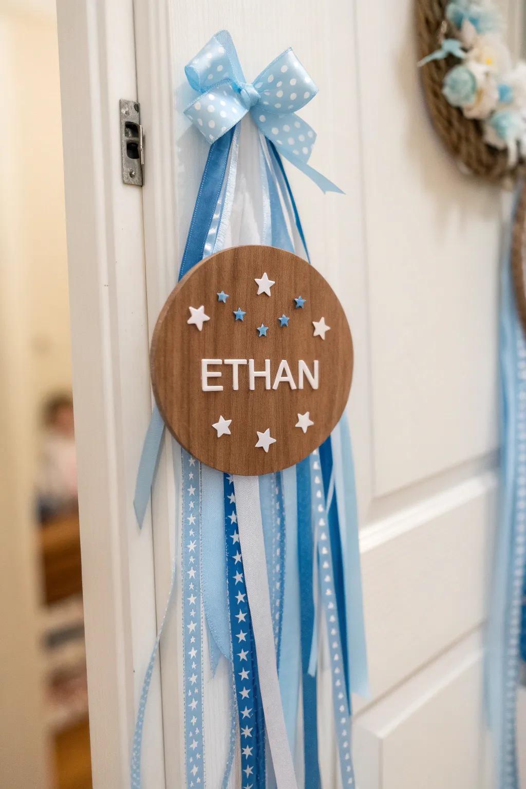 A bespoke wooden name marker door adornment with charming star accents.