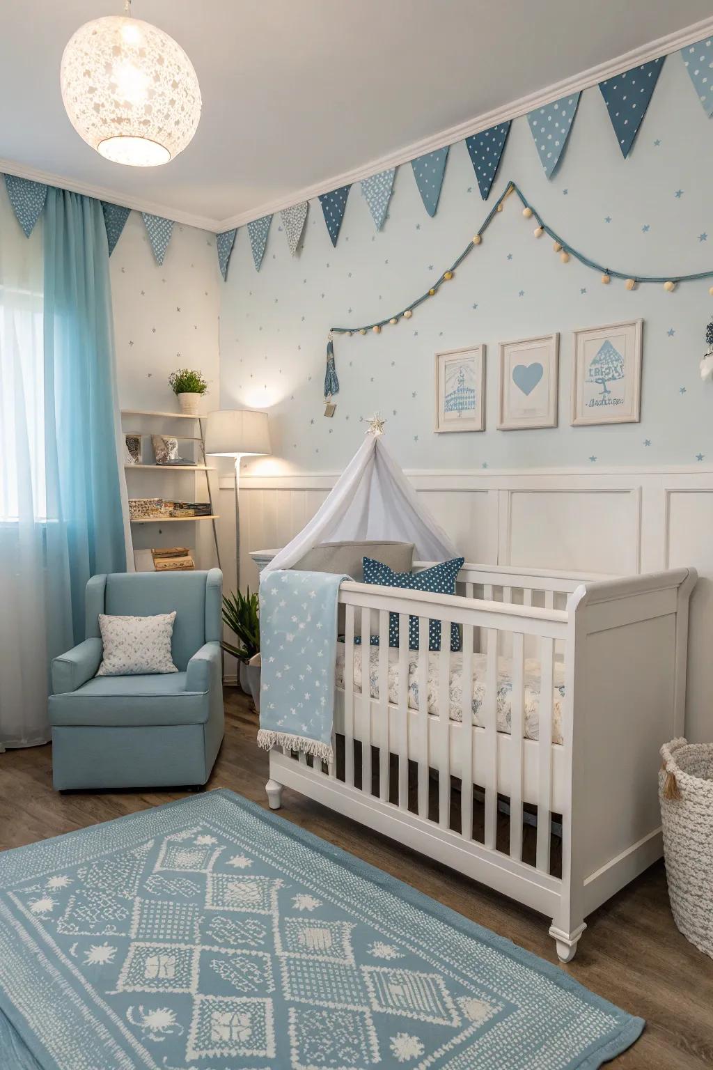 A serene nursery awash in soft blue and white hues for a calming retreat.