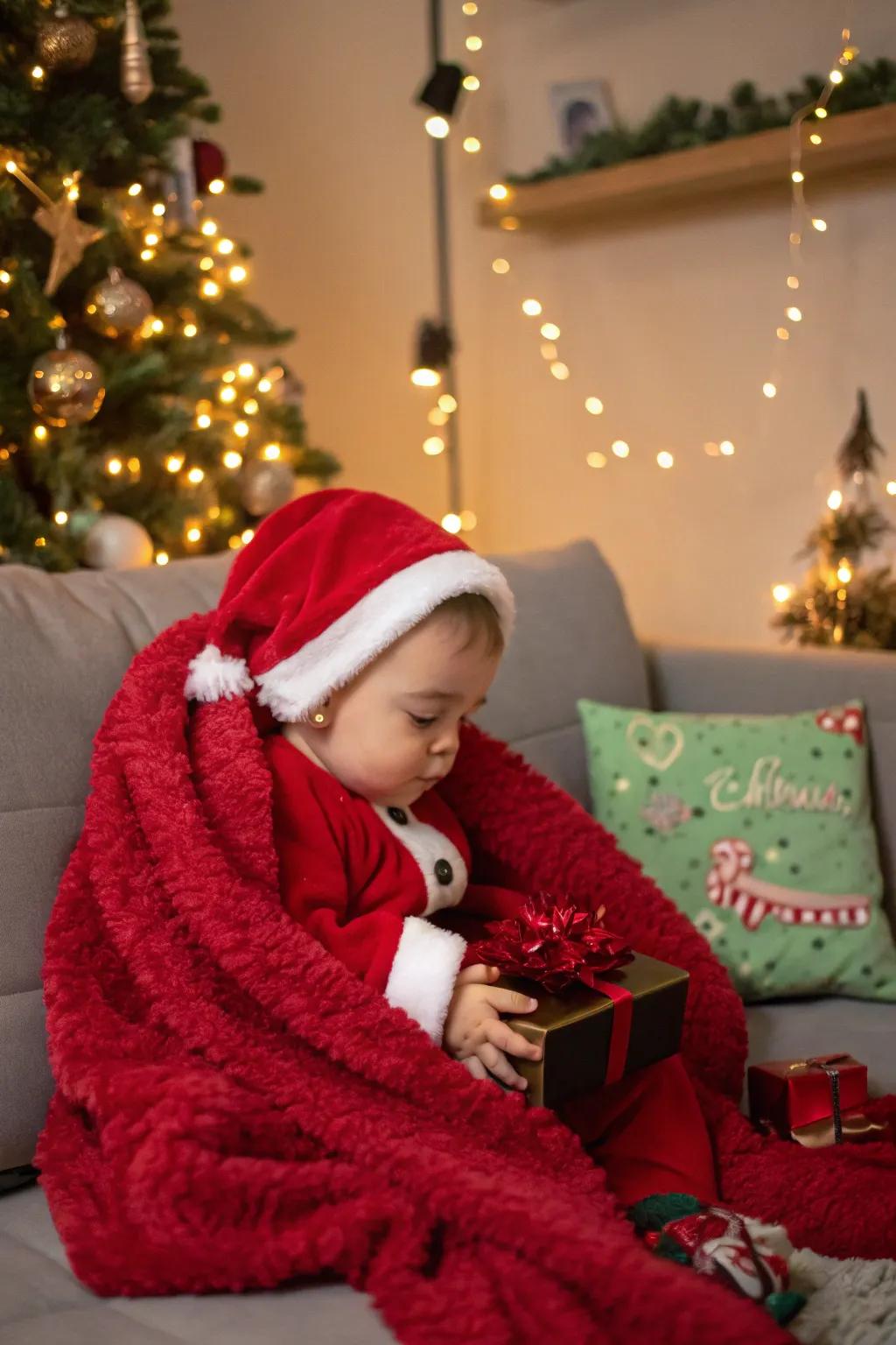 An adorable Santa baby surrounded by festive decorations.