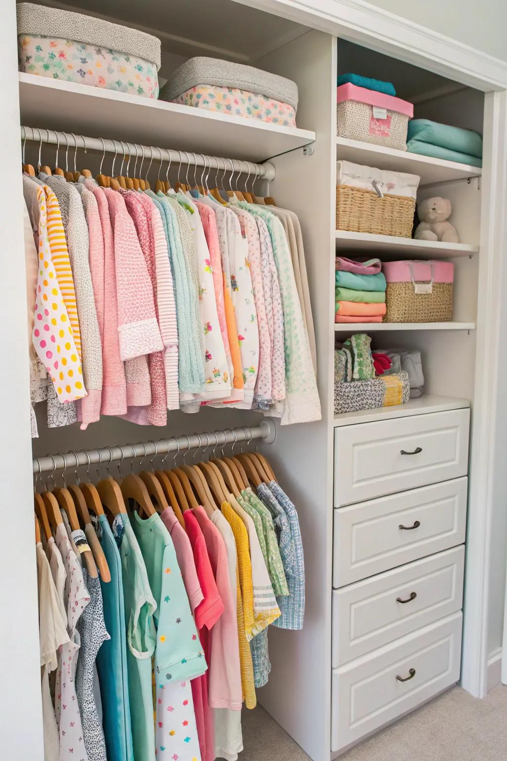 Double hanging rods effectively use closet space for baby garments.