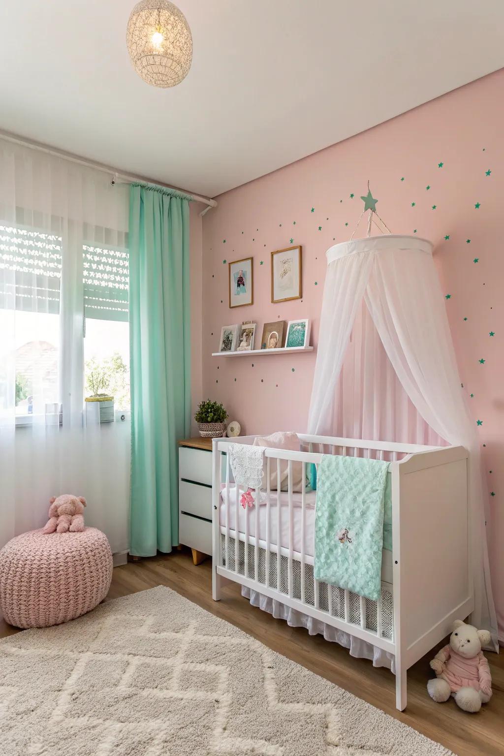 A peaceful, pastel-themed nursery designed specifically for a baby girl.