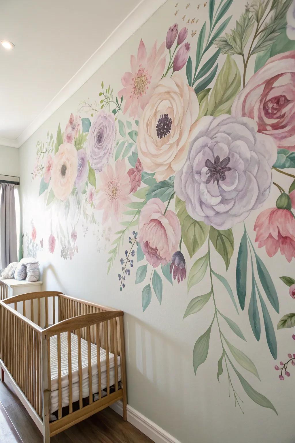 A nursery wall showcasing a gorgeous floral design.