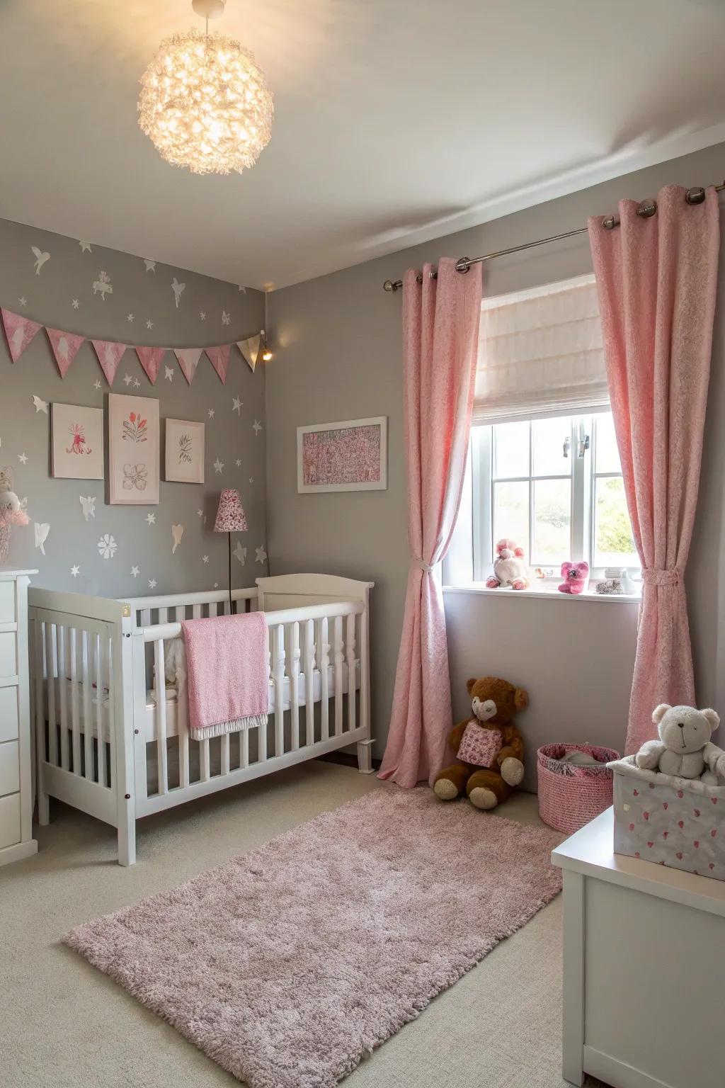 Tranquility in grey enhanced by rose touches in a baby girl’s haven.