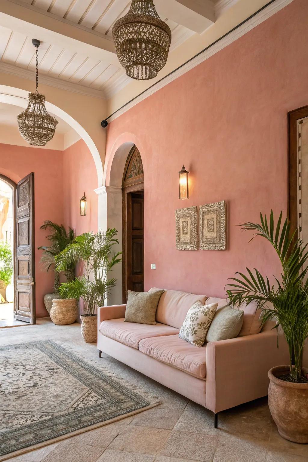 A room featuring soft pink walls and neutral furniture for a soothing ambiance.