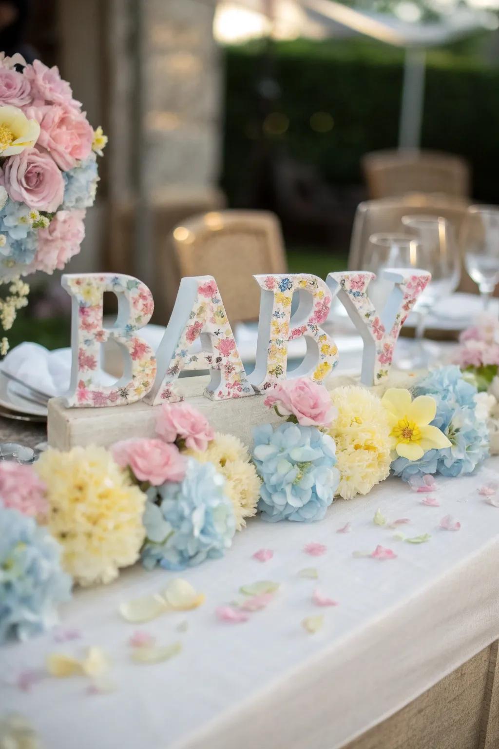 Floral letters spell out 'BABY' for a whimsical touch.