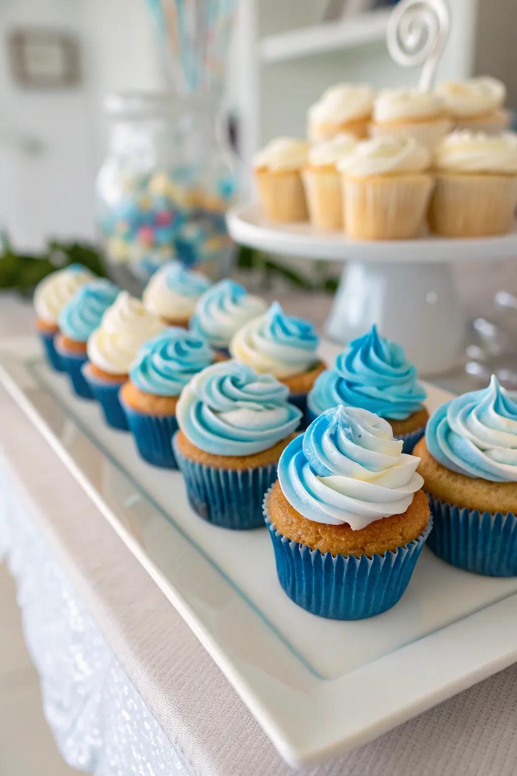 Timeless blue and white swirled cupcakes, perfect for celebrating a baby boy.