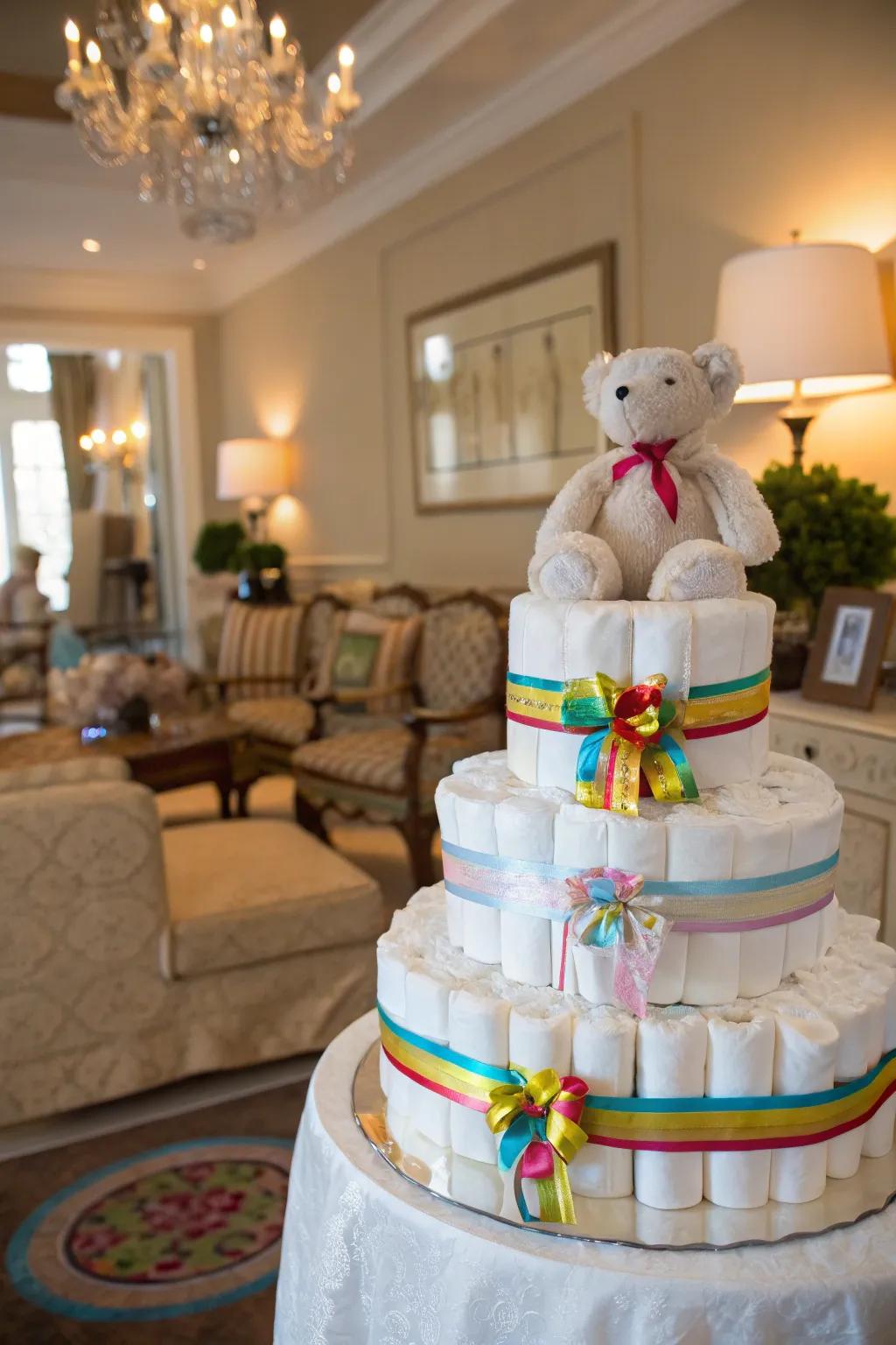 A classic diaper tower embellished with vibrant bands and a stuffed toy.
