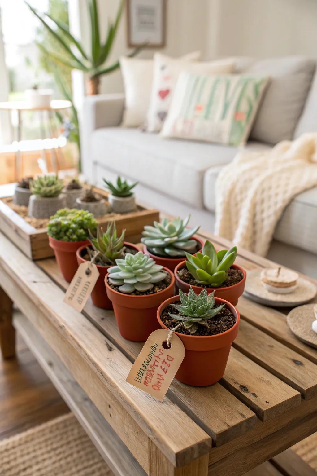 Sweet little succulents with custom labels create a memorable gift.