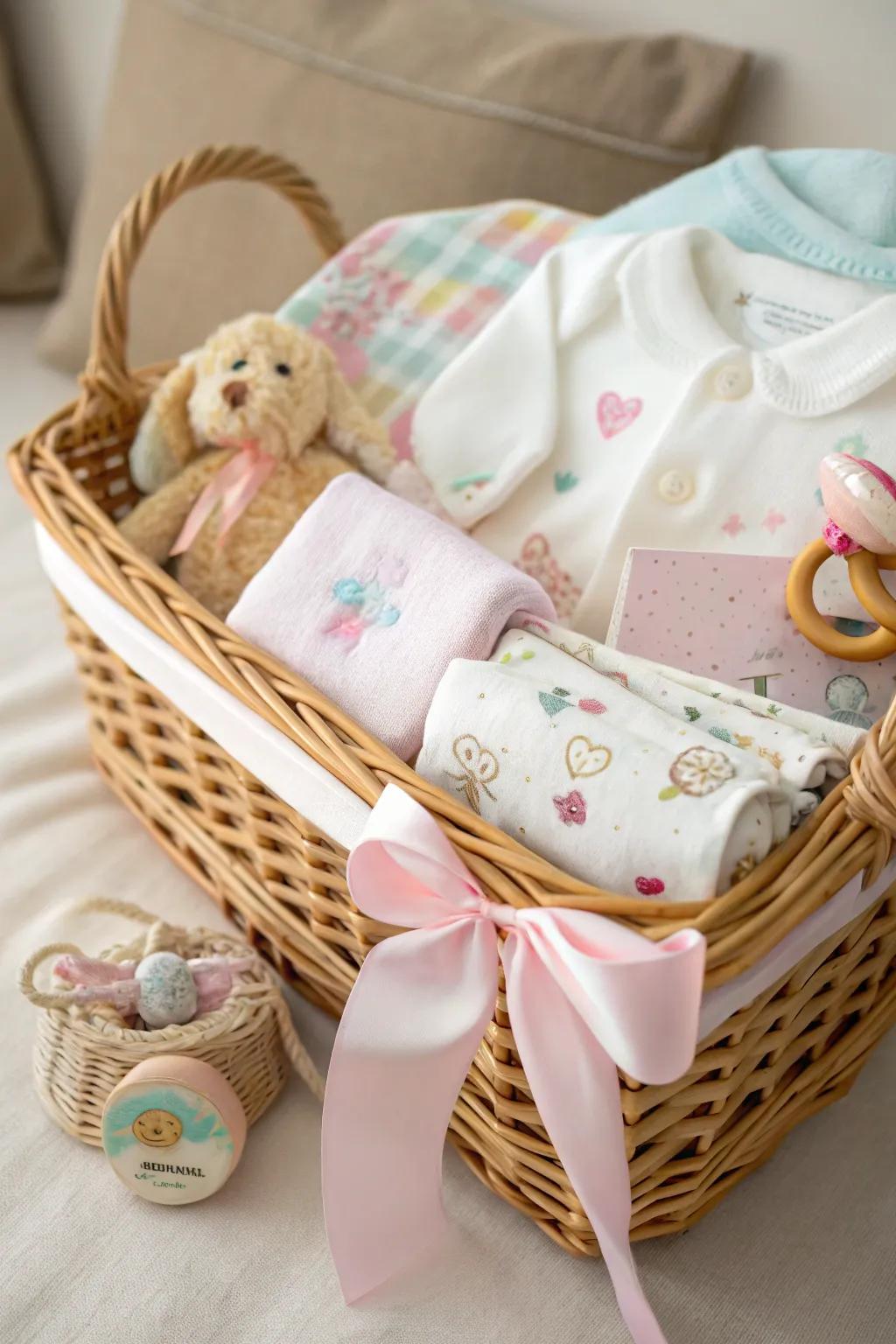 A themed goodie container brimming with baby essentials, ideal for a unified gift look.