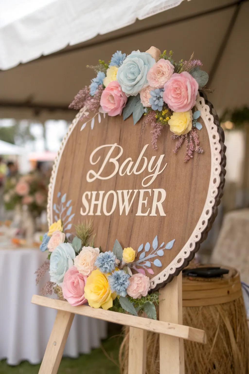 A personalized name sign contributes a heartfelt addition to your baby shower décor.