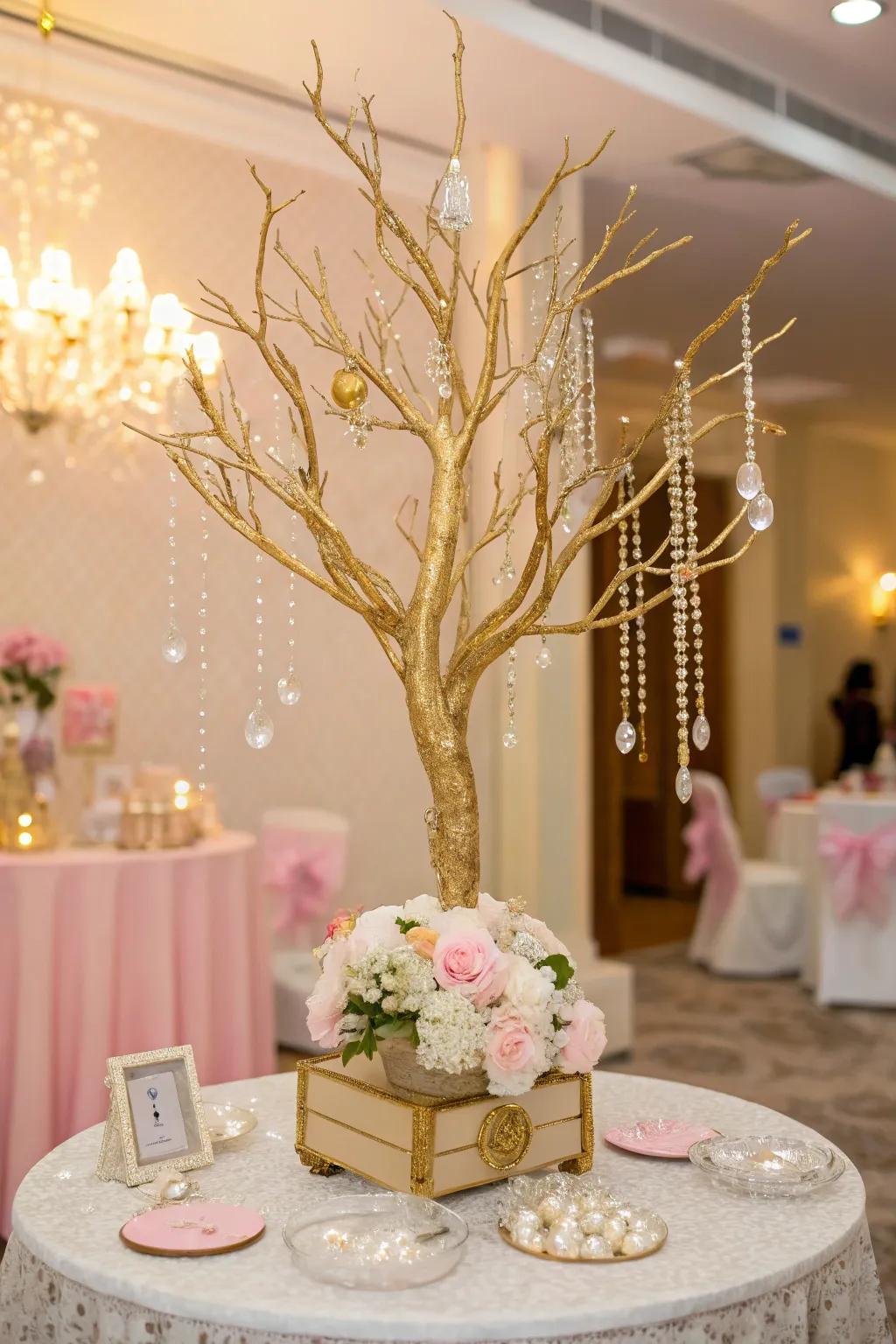 An exquisite wishing tree focal point adorned with golden branches and gem-like beads.