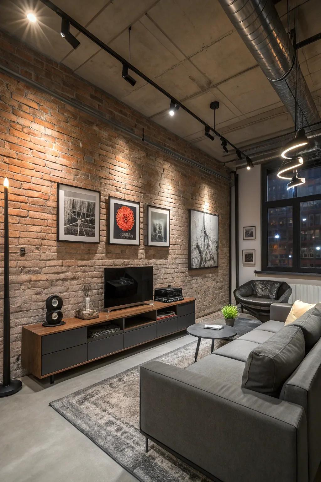 Industrial allure meets modern artwork in this chic bachelor sanctuary.
