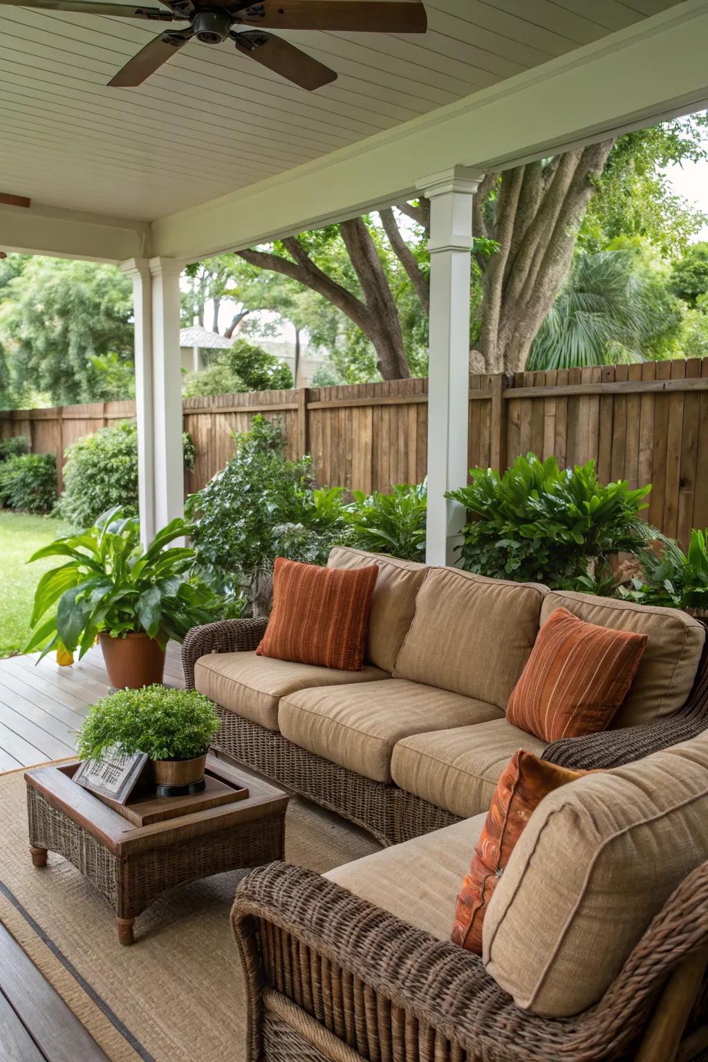 Settle into comfort with plush seating on your back porch.