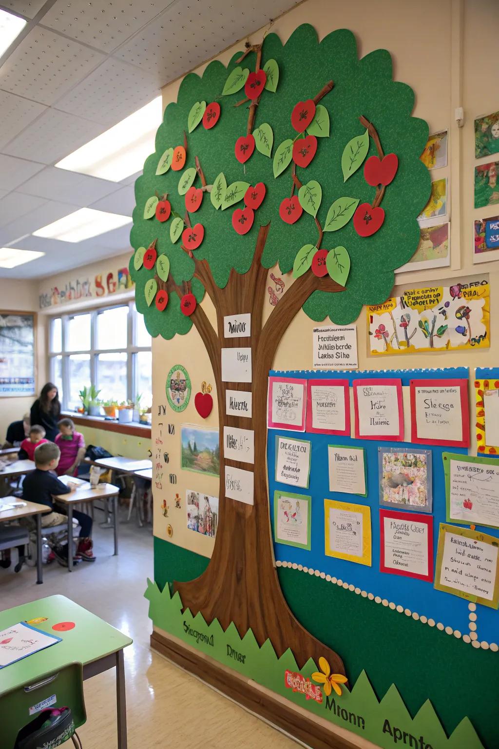 An apple tree bulletin board sprawling with different subjects.