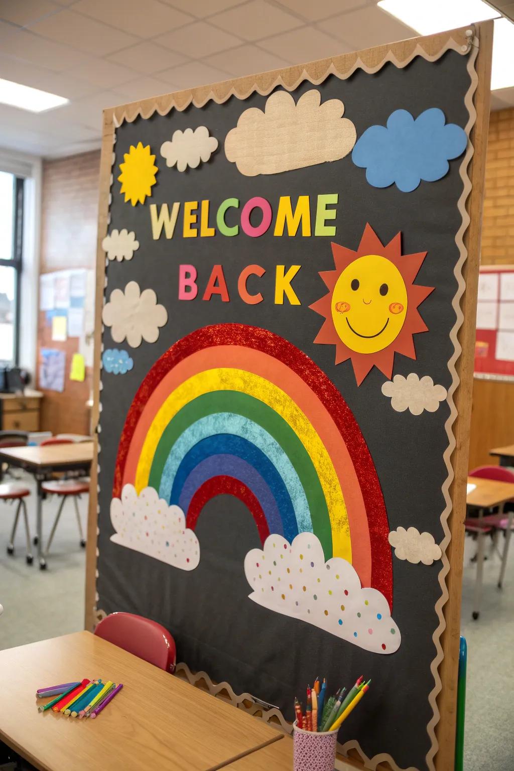 A cheerful rainbow-themed bulletin board to brighten any classroom.