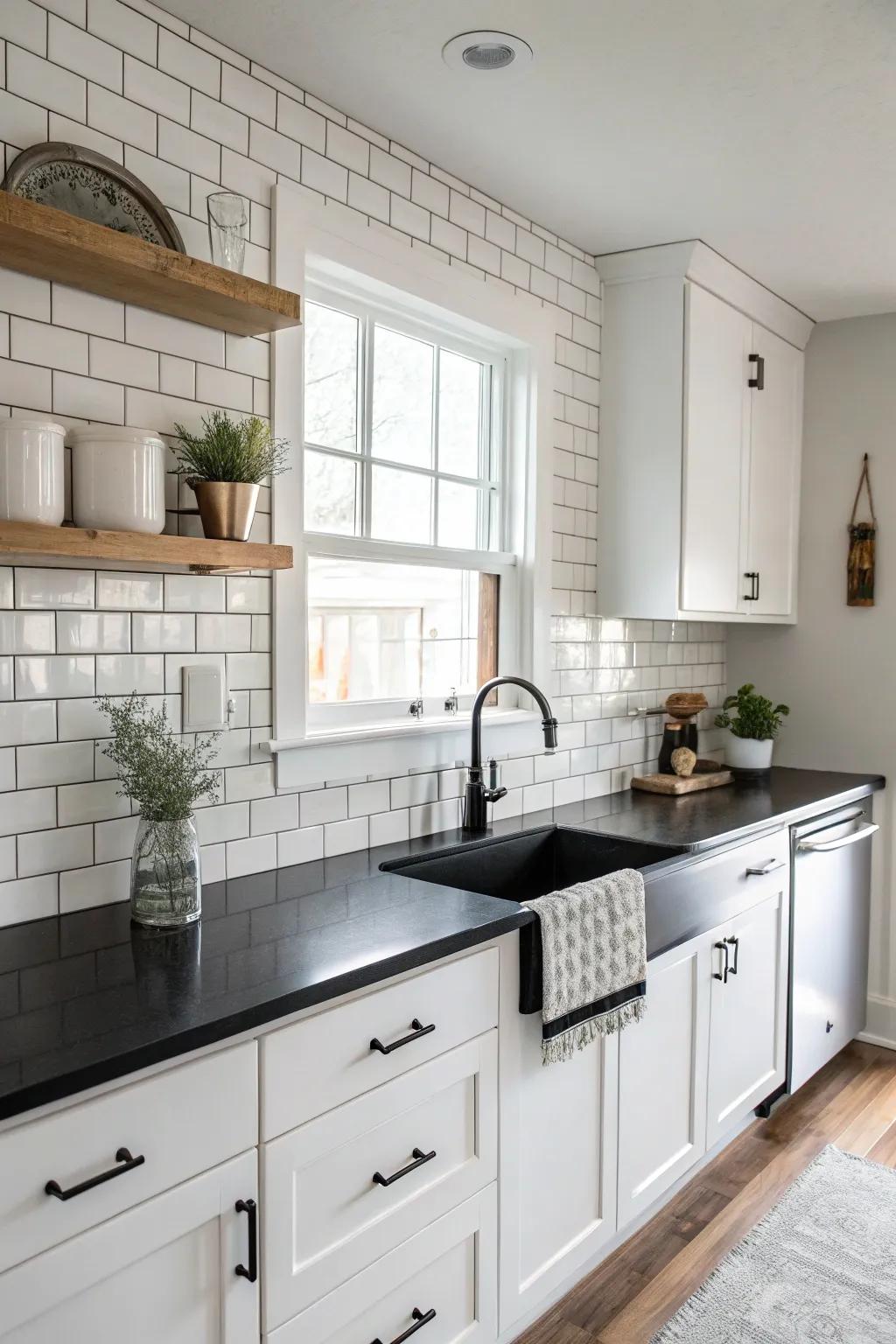White rectangular tiles provide a stunning contrast to dark worktops.