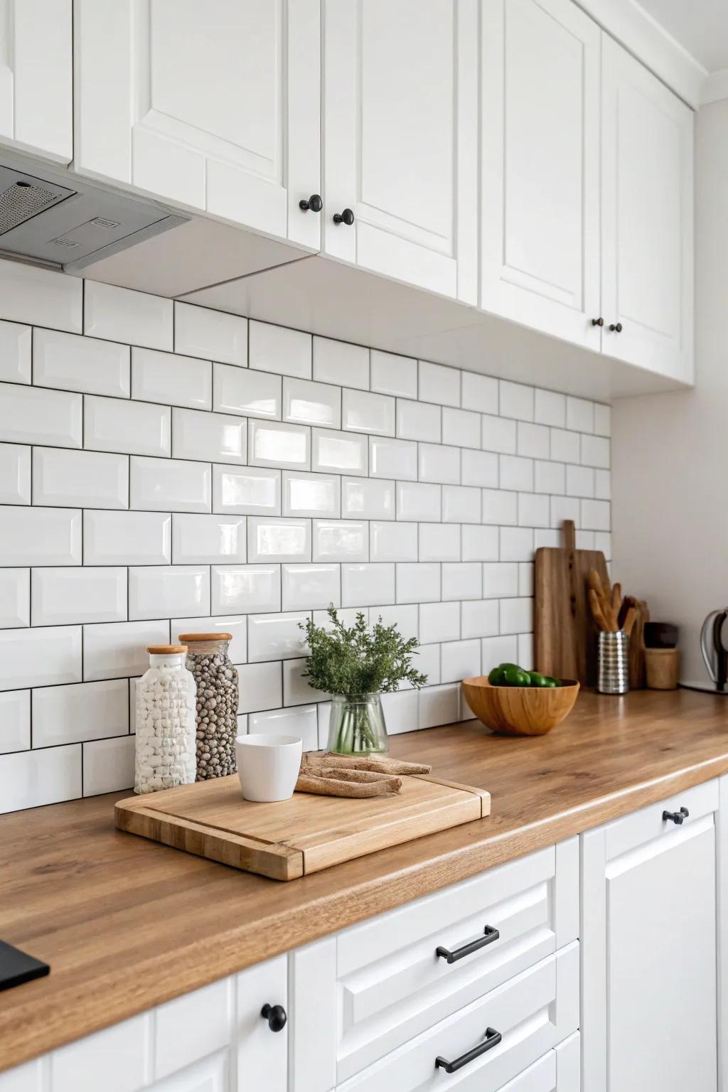 Enduring grace with white rectangular bricks and hardwood.