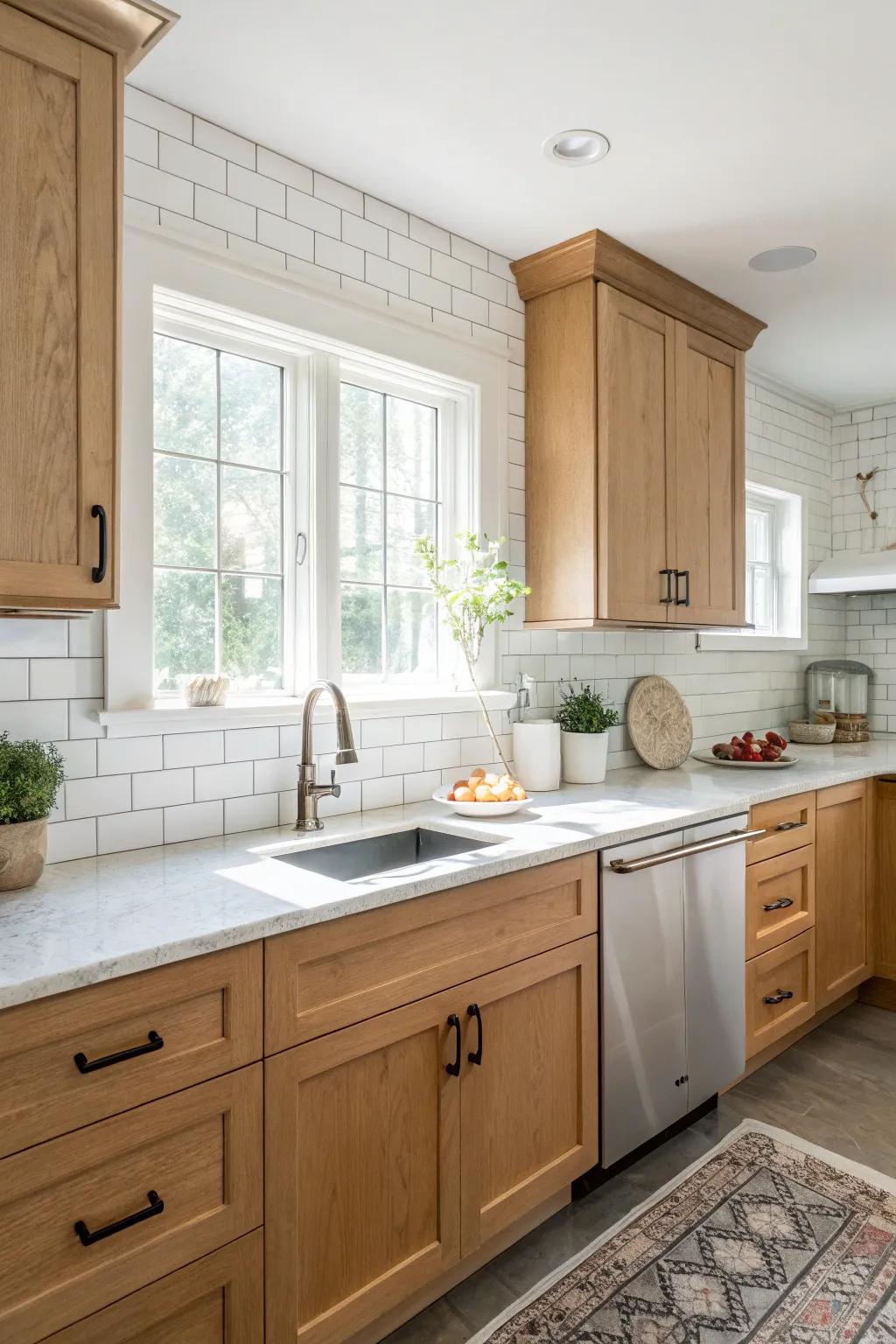 A classic white backsplash brightens maple cabinets beautifully.