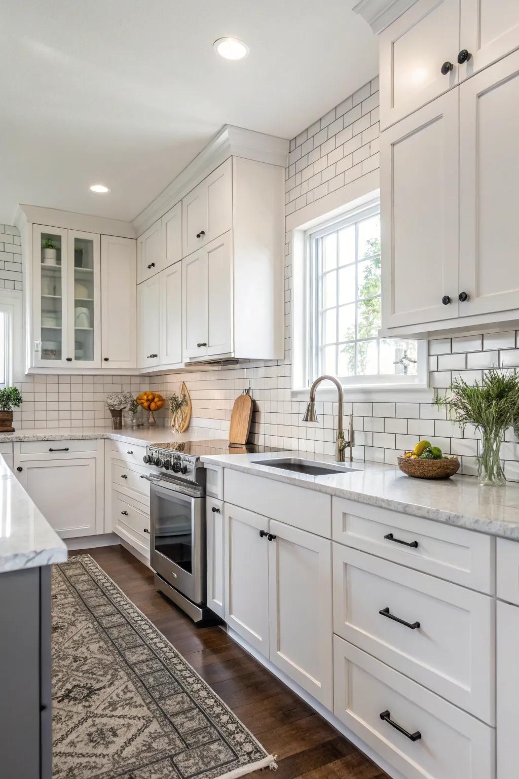 Classic white rectangular tiles seamlessly enhance white cabinets