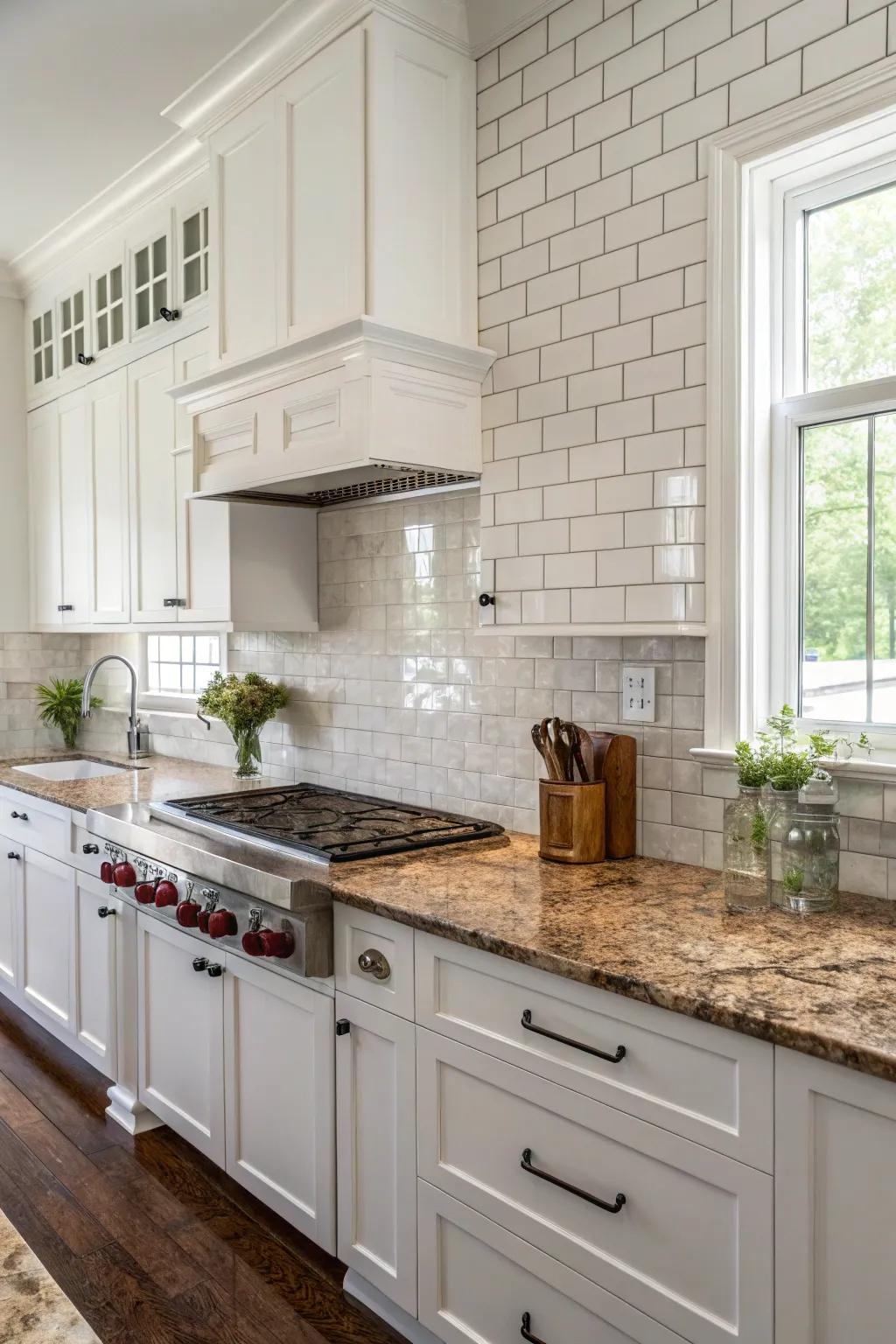 White subway tiles provide a classic backdrop for fantasy brown granite.