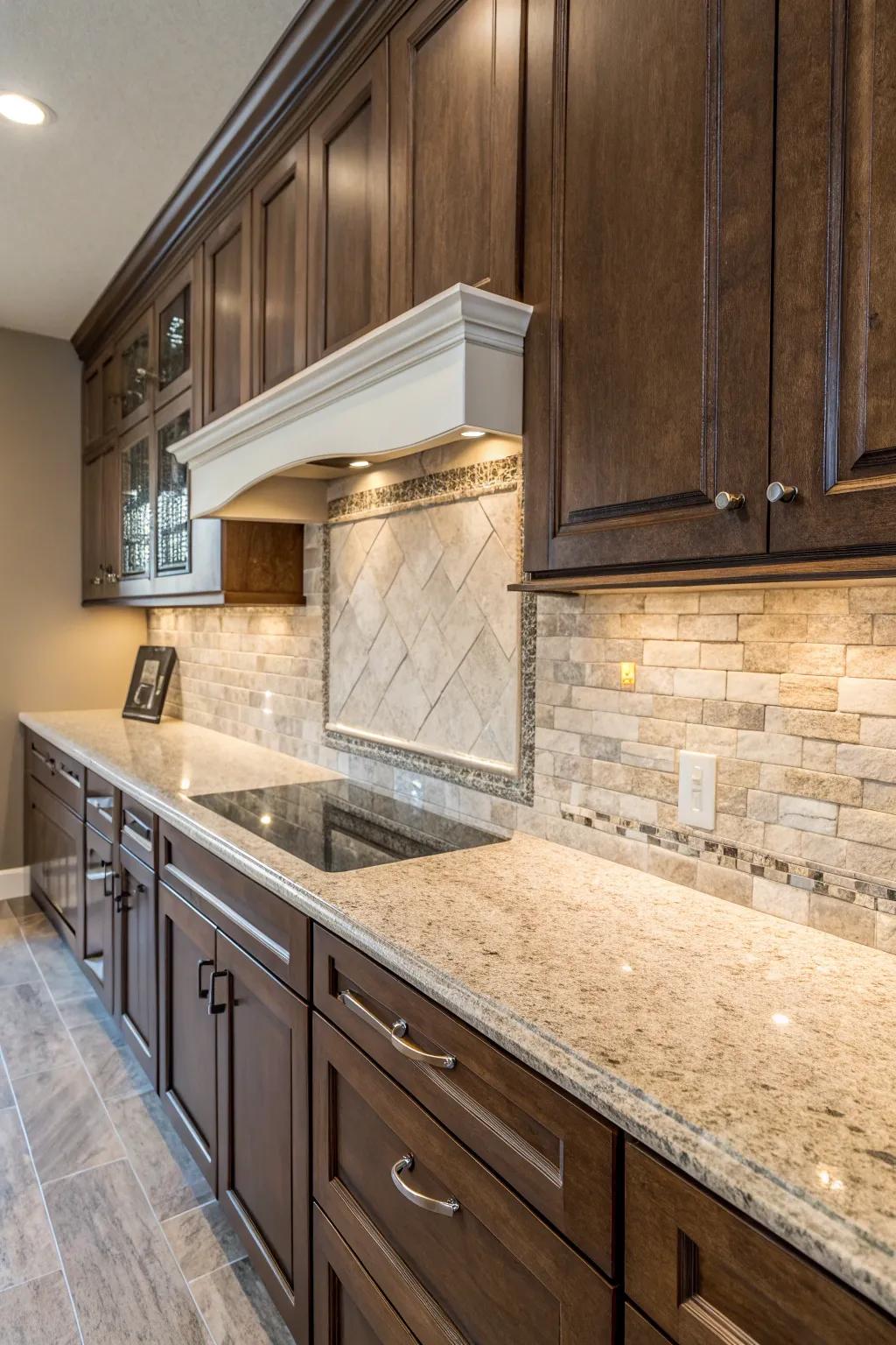 Granite surfaces gain visual intrigue and texture from a backsplash made of mixed materials.