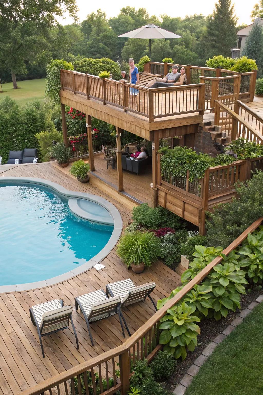 Multi-level decks create separate spaces perfect for unwinding and having fun.