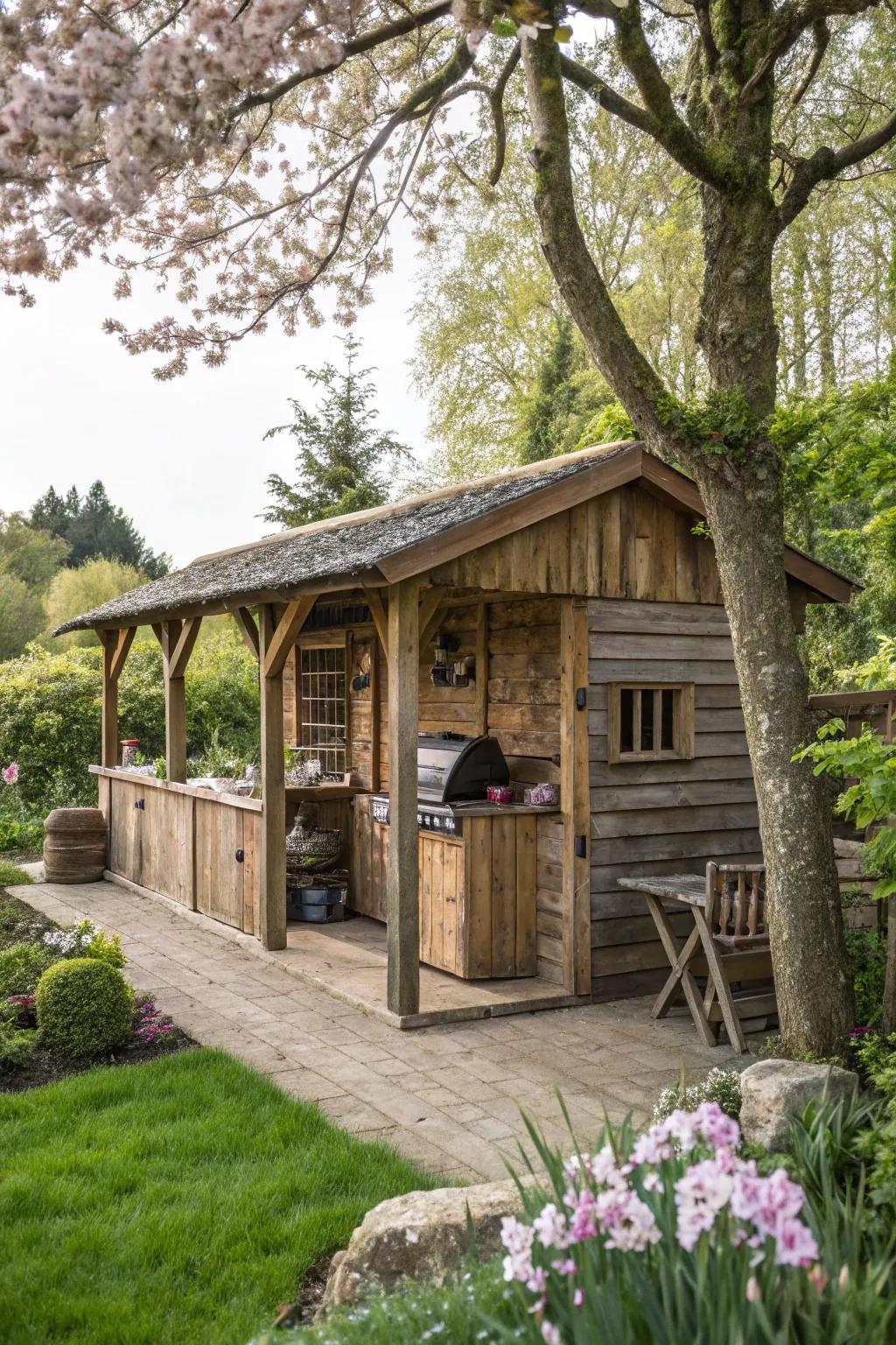 A rustic wooden BBQ outbuilding nestled in nature.