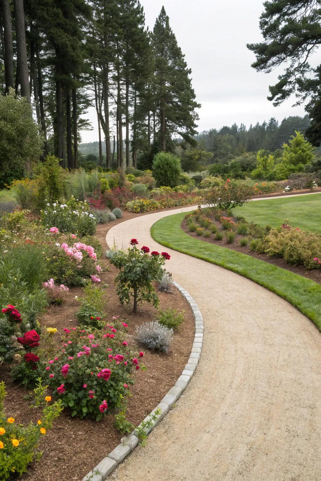 A decomposed granite pathway meanders through a lush garden, creating a tranquil retreat.