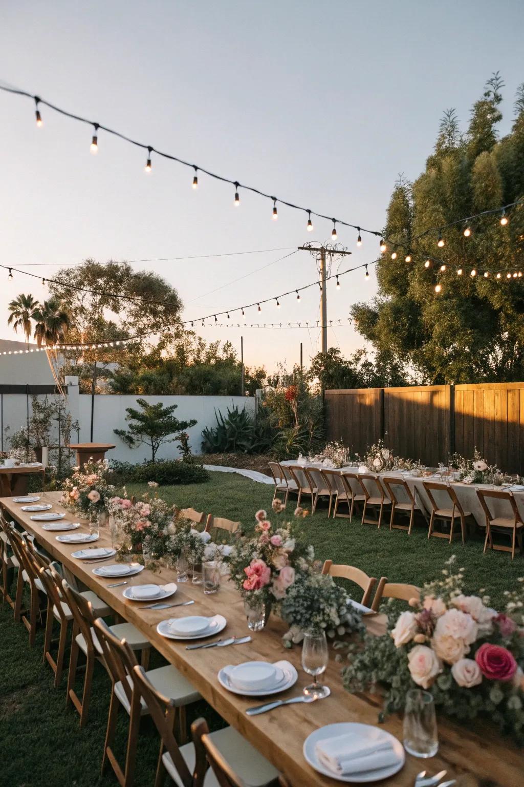 An outdoor feasting setup with extended tables and floral embellishments for a country-style engagement celebration.