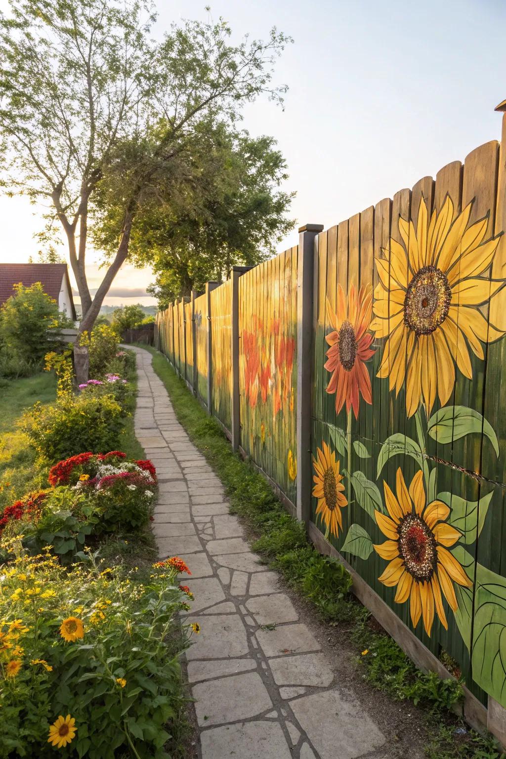 Sunflowers painted on a fence infuse any backyard with a sunny disposition.