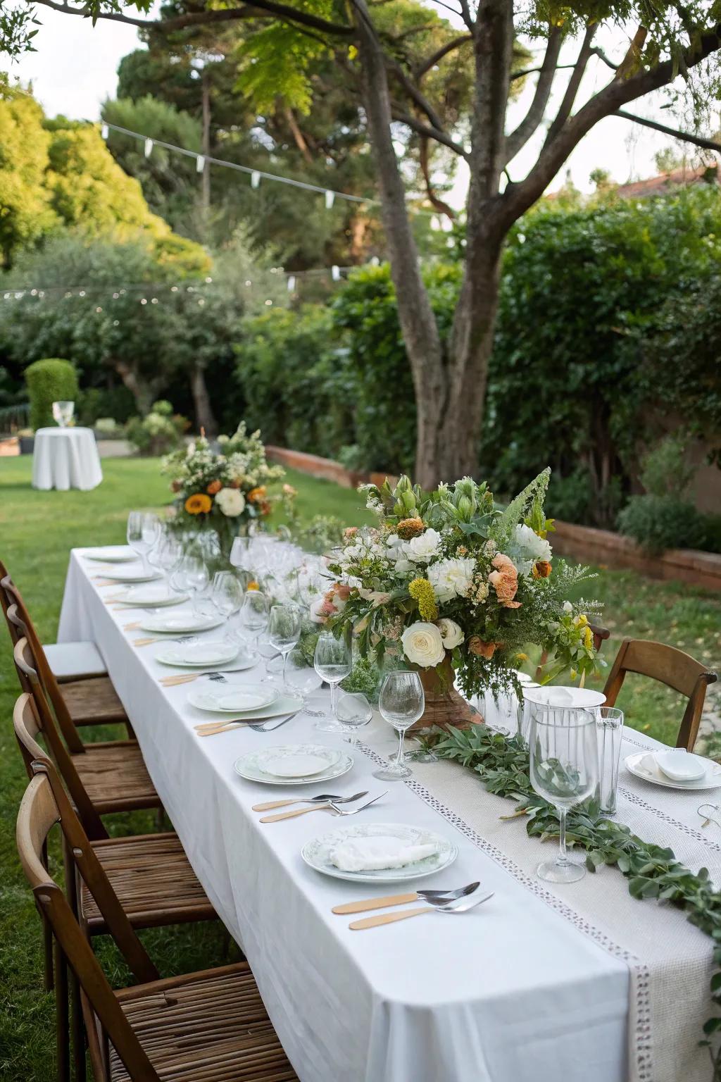 An elegant outdoor dining area, complete with a floral centerpiece and coordinating glassware.