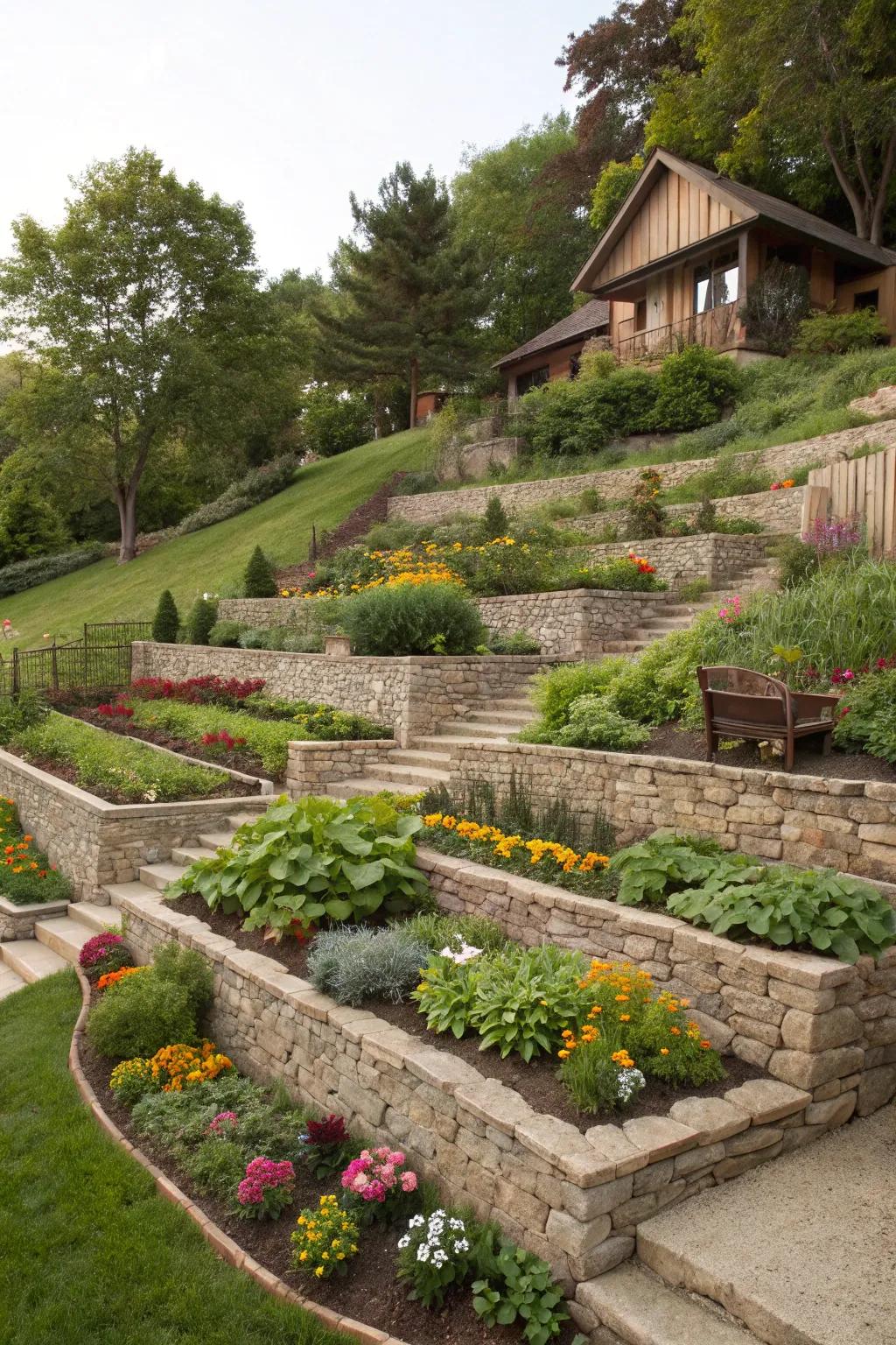 Terraced gardens transform a sloped backyard into a gorgeous, functional space.