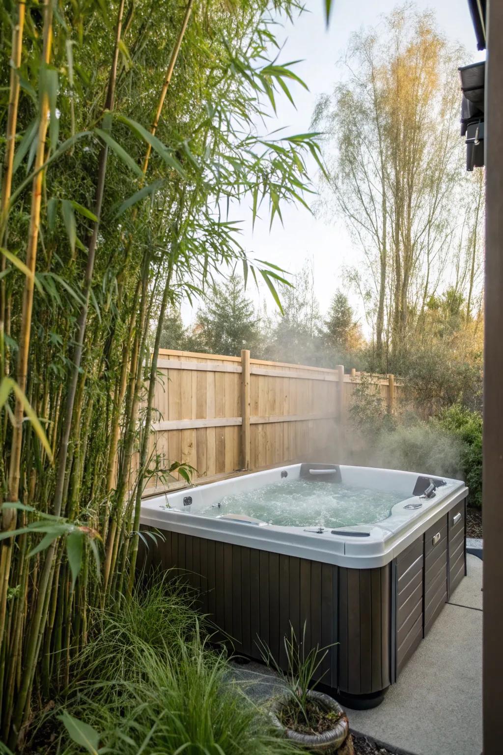 Bamboo plants form a natural privacy screen around this inviting hot tub.