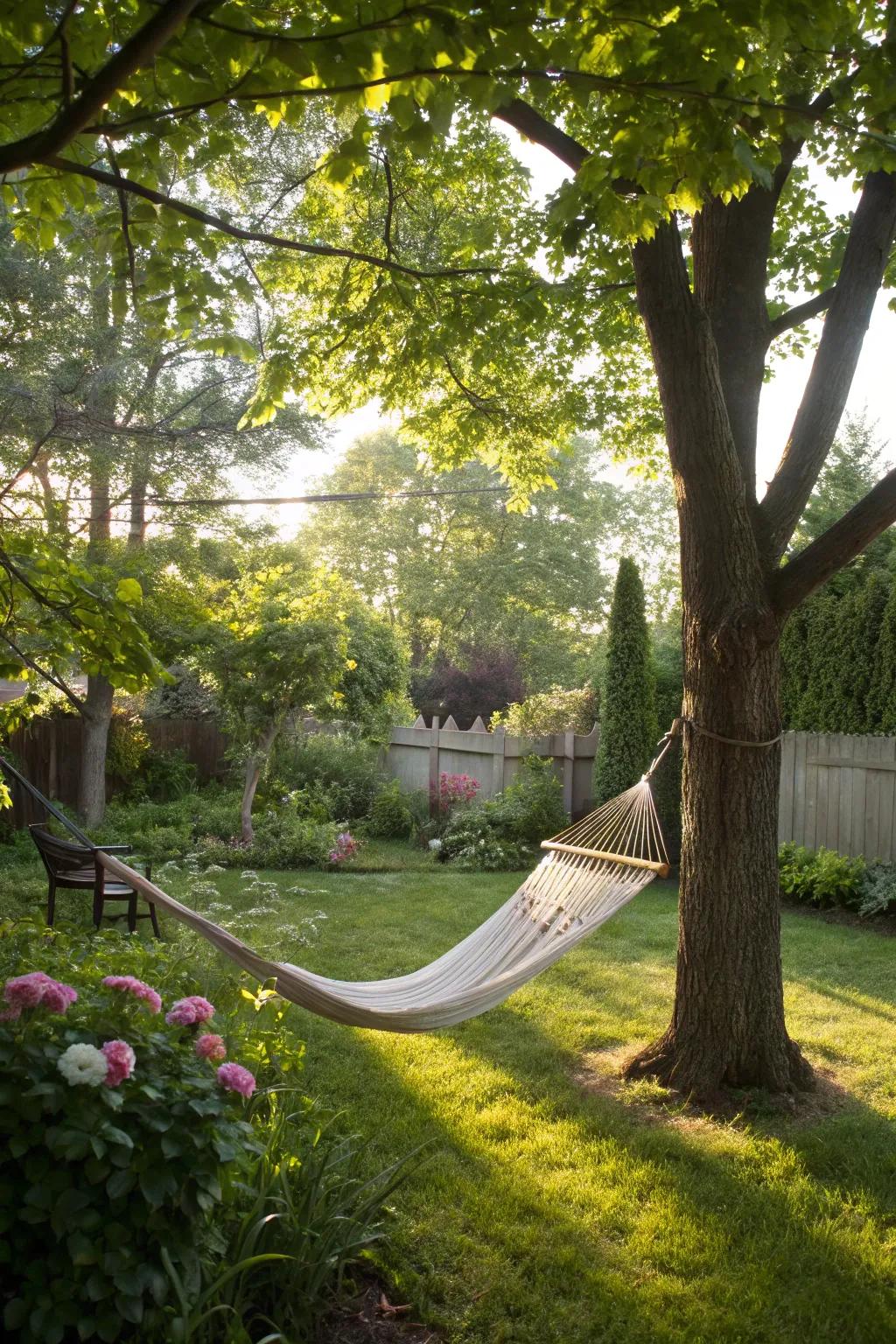 A tranquil hammock setting nestled in a vibrant backyard, a superb spot for relaxation.