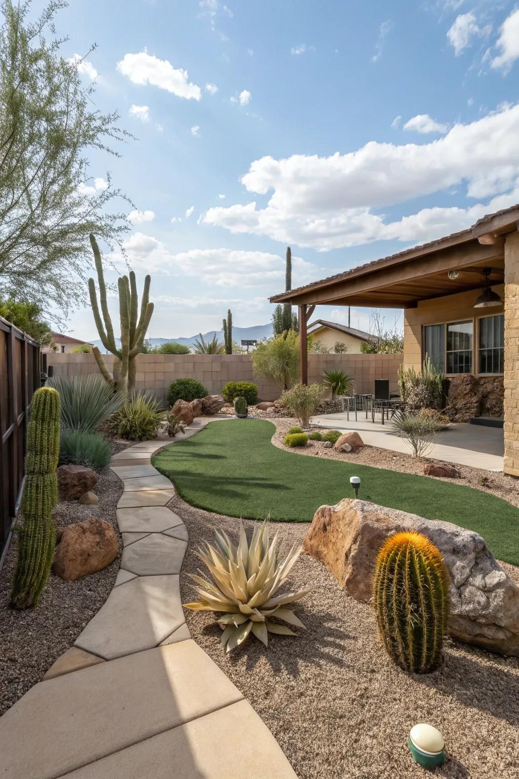 Artificial grass provides year-round greenery with minimal upkeep.